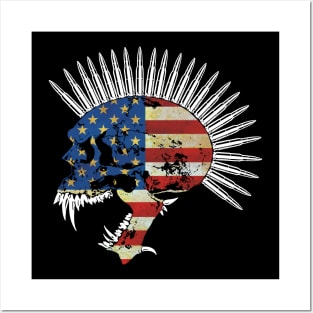 Bullet Head Mohawk Skull with American Flag Posters and Art